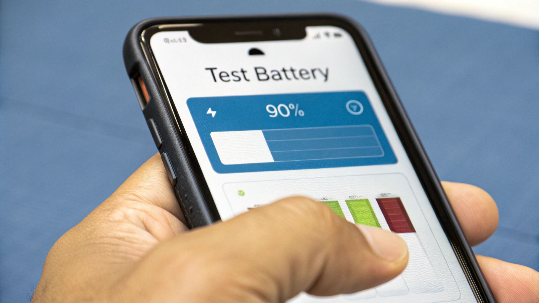 En person der holder en iPhone, hvor skærmen lyser op og viser et fuldt opladet batteriikon.