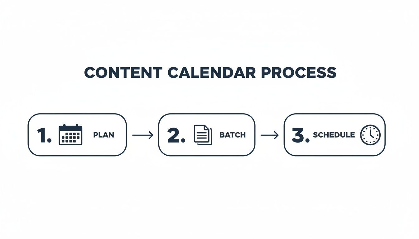 A visual representation of the content calendar process, showing three steps: Plan, Batch, and Schedule.