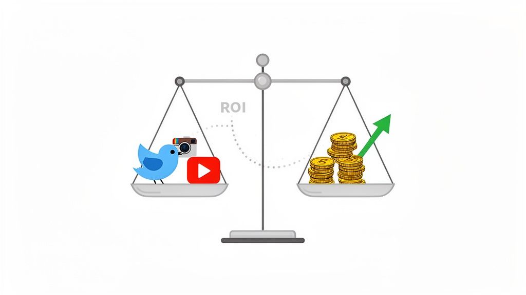A balance scale shows social media platforms (Twitter, Instagram, YouTube) generating financial return (ROI), demonstrating the concept of ROI on social media.
