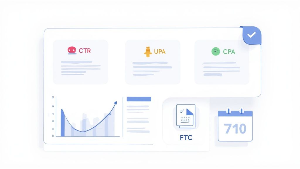 A digital dashboard displaying business metrics like CTR, UPA, CPA, with charts, a document, and a calendar.