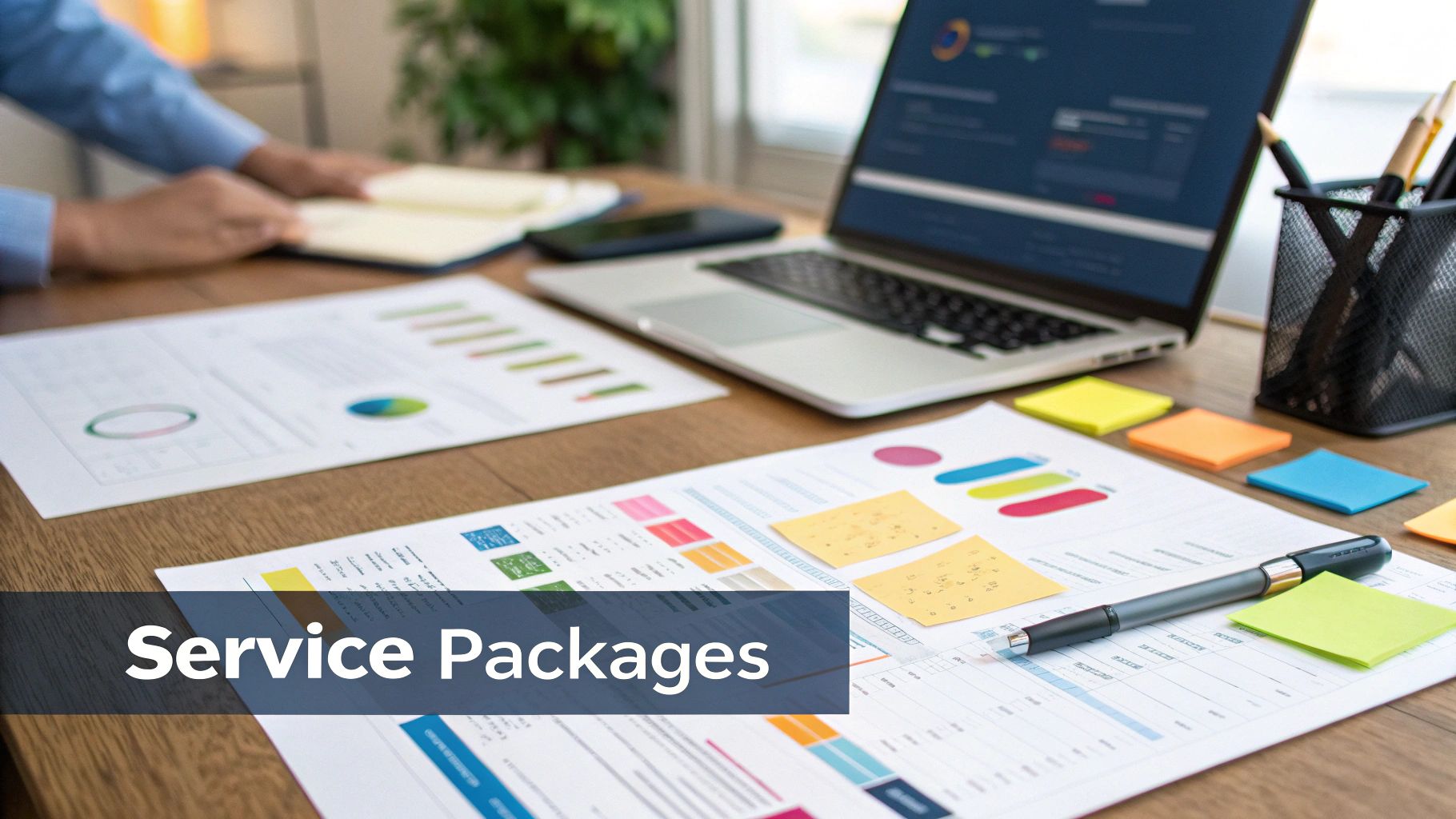 A digital marketer analyzing social media data on a laptop in a modern office space, strategizing client campaigns.