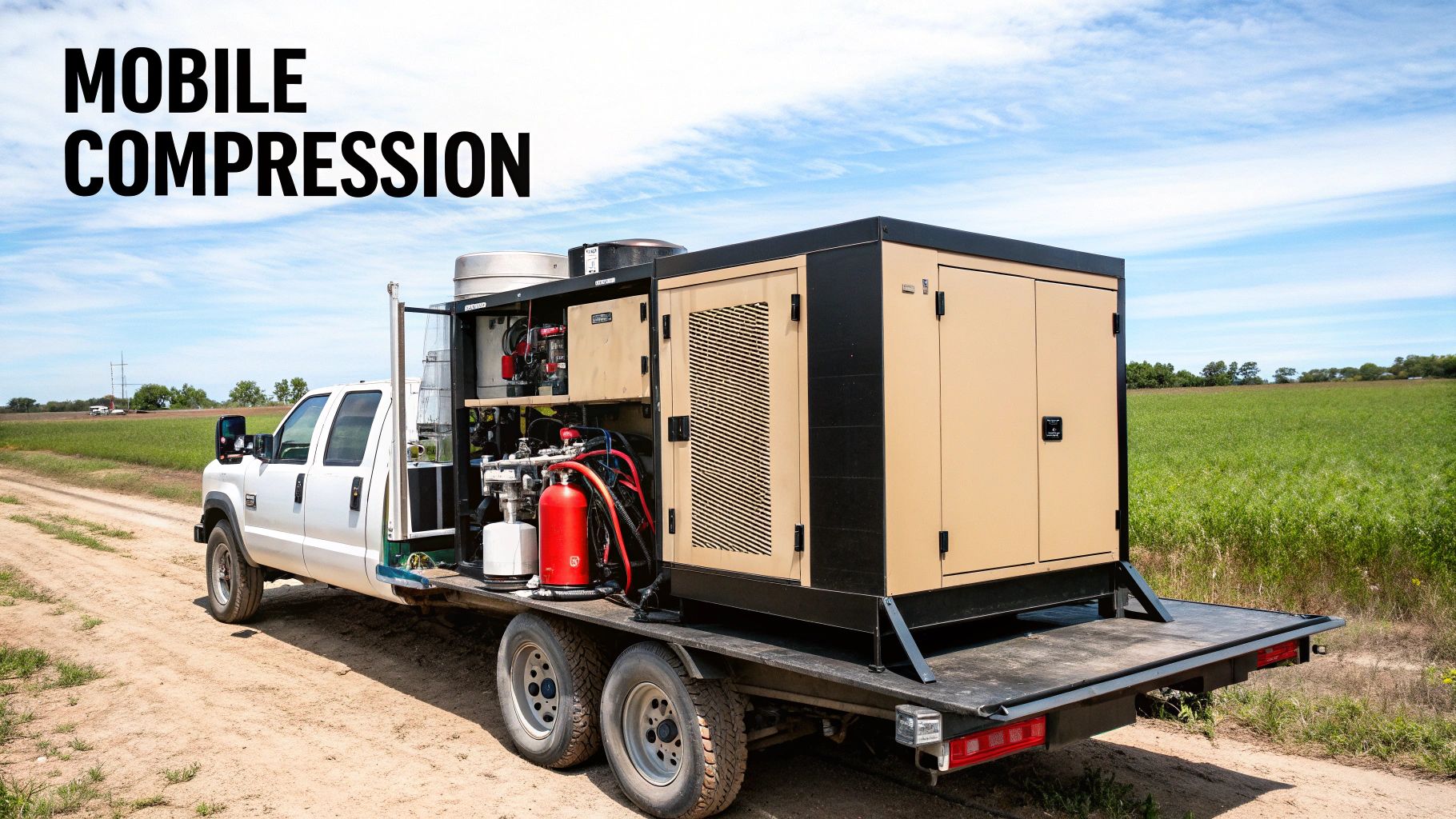 A worker in safety gear checking gauges on industrial methane gas compression equipment.