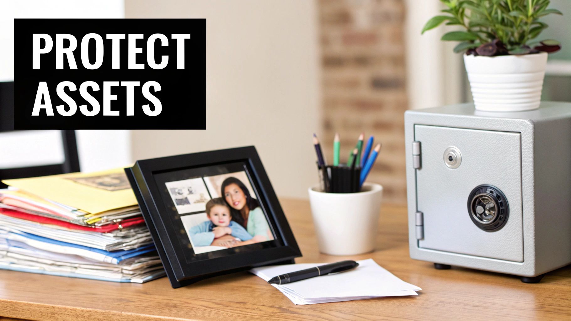 A desk with a safe, family photo, documents, and text 'PROTECT ASSETS'.