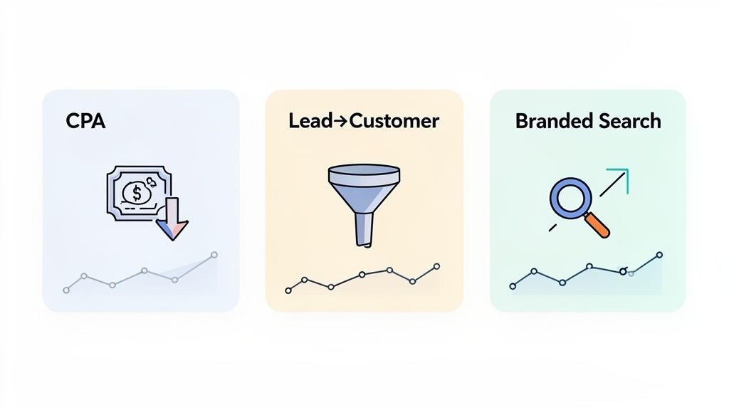 Three cards illustrating key digital marketing metrics: CPA reduction, lead-to-customer conversion, and branded search growth.