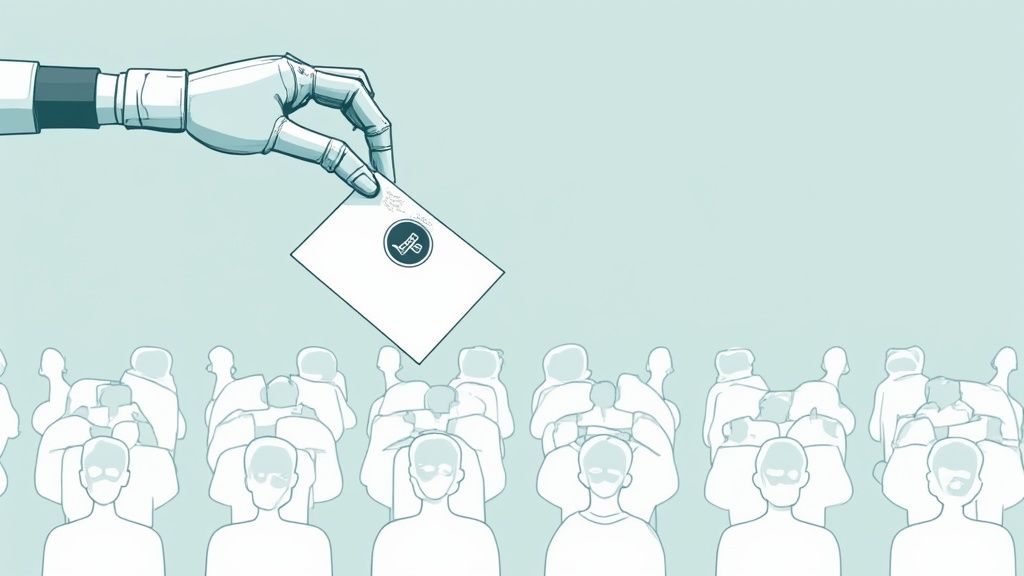 A robotic arm casts a ballot above a crowd, symbolizing AI's influence in voting or decisions.