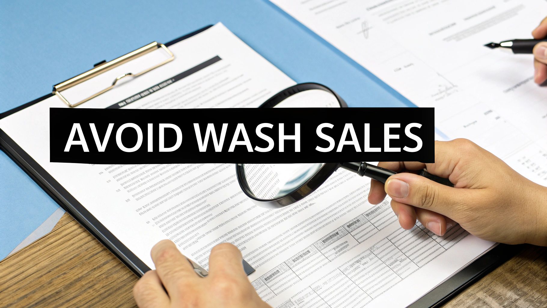 Hands using a magnifying glass on financial documents, with text 'AVOID WASH SALES' overlay.