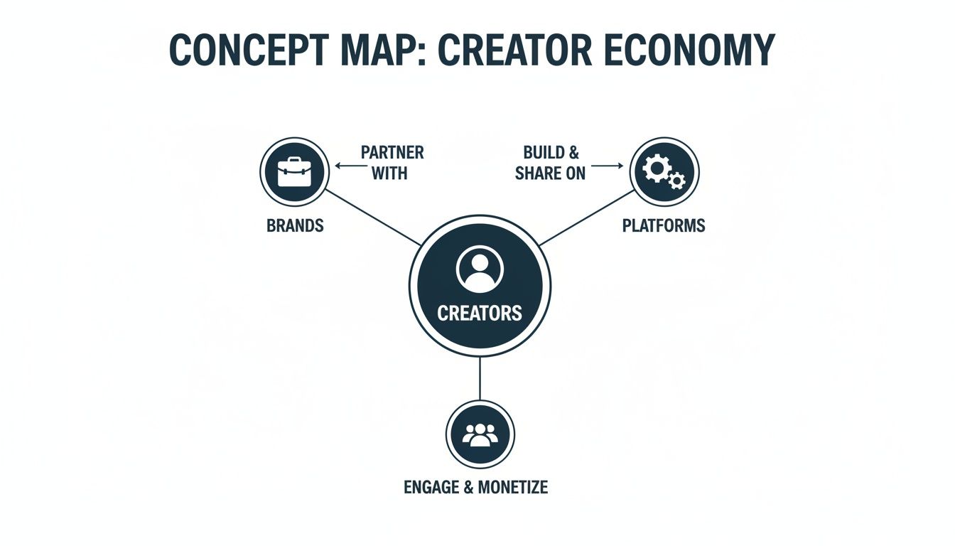 A concept map showing Creators at the center of the Creator Economy, connecting to Brands, Platforms, and Engagement.