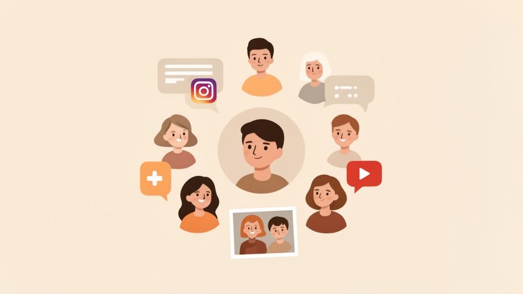 Illustrative image showing diverse people connected by communication icons, a key strategy to grow Instagram followers organically.