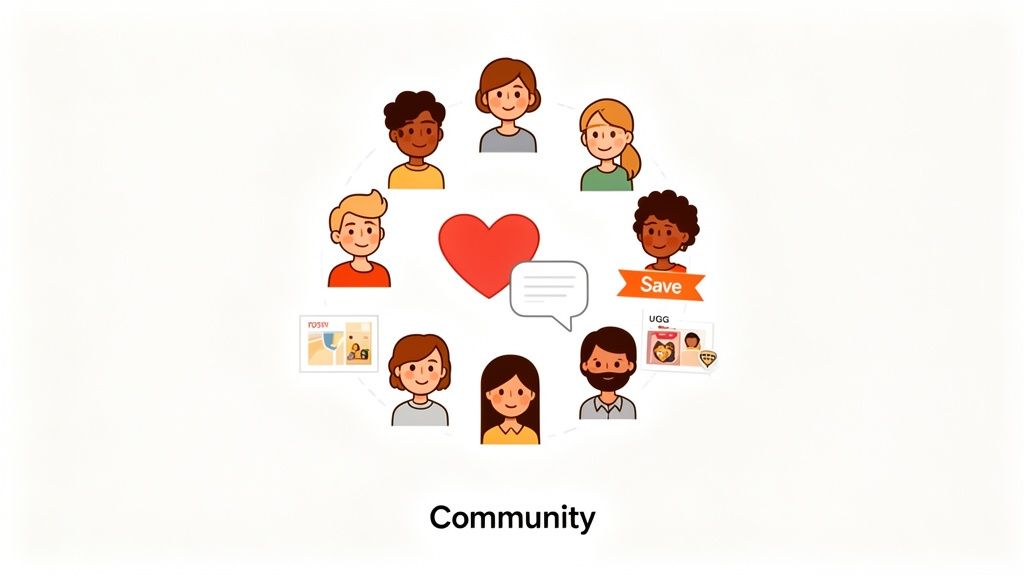Cartoon illustration of diverse people forming a community circle around a heart and speech bubble.