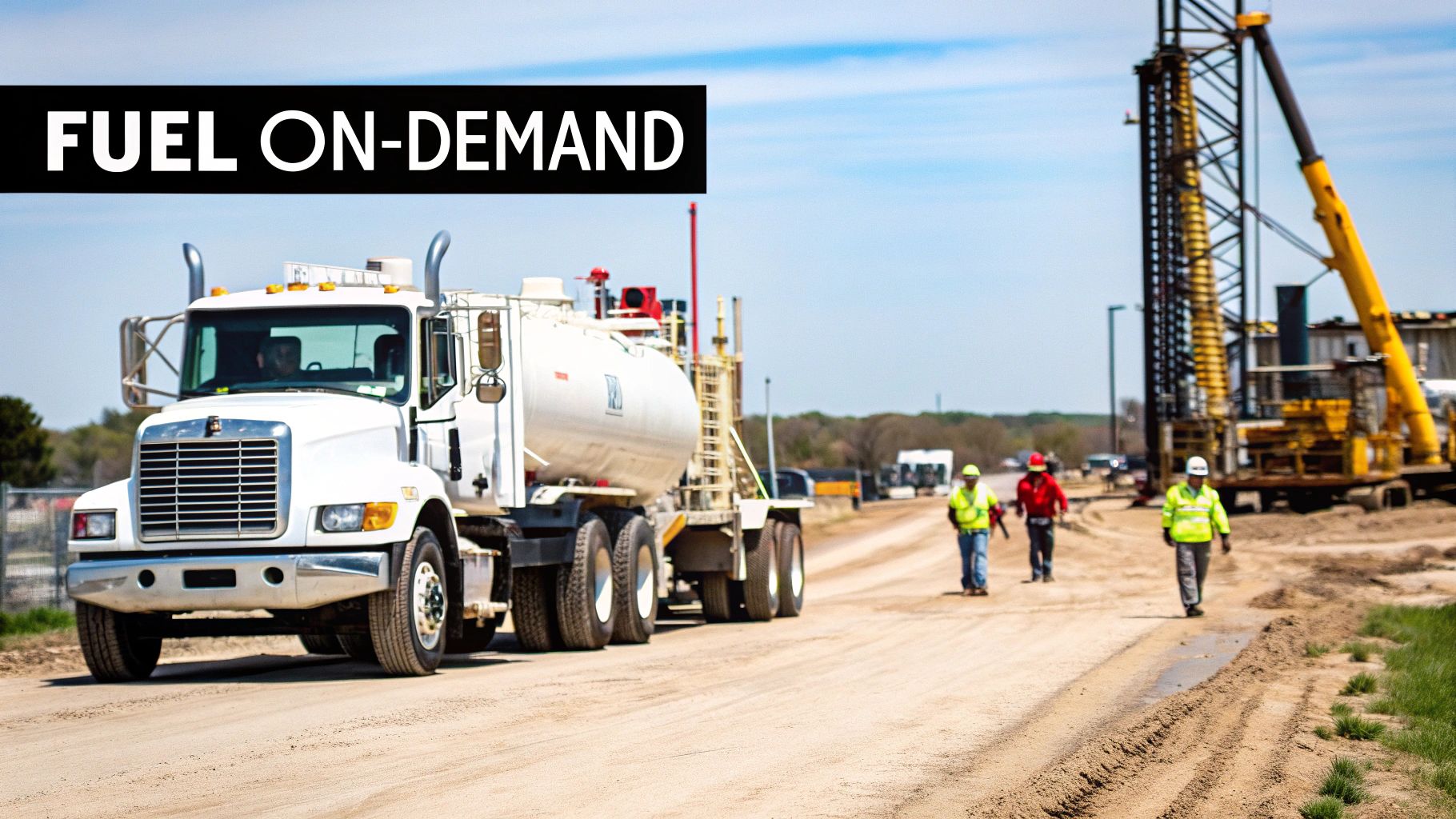 A mobile fueling station refueling a truck in a large fleet yard.