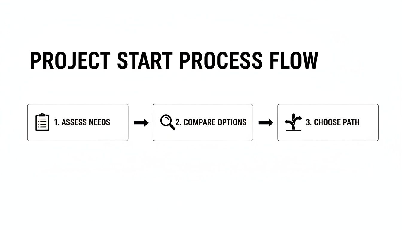 A project start process flow diagram with three steps: Assess Needs, Compare Options, Choose Path.