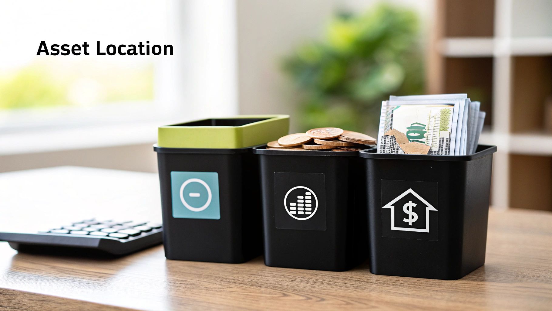 Containers with money, coins, and a house icon representing financial asset allocation and investment strategies.