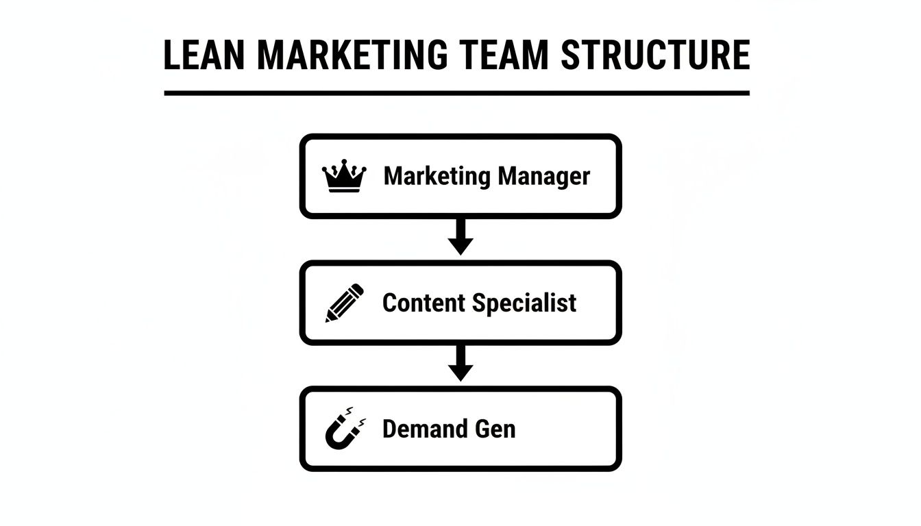 Organizational chart of a lean marketing team with Marketing Manager, Content Specialist, and Demand Gen roles.