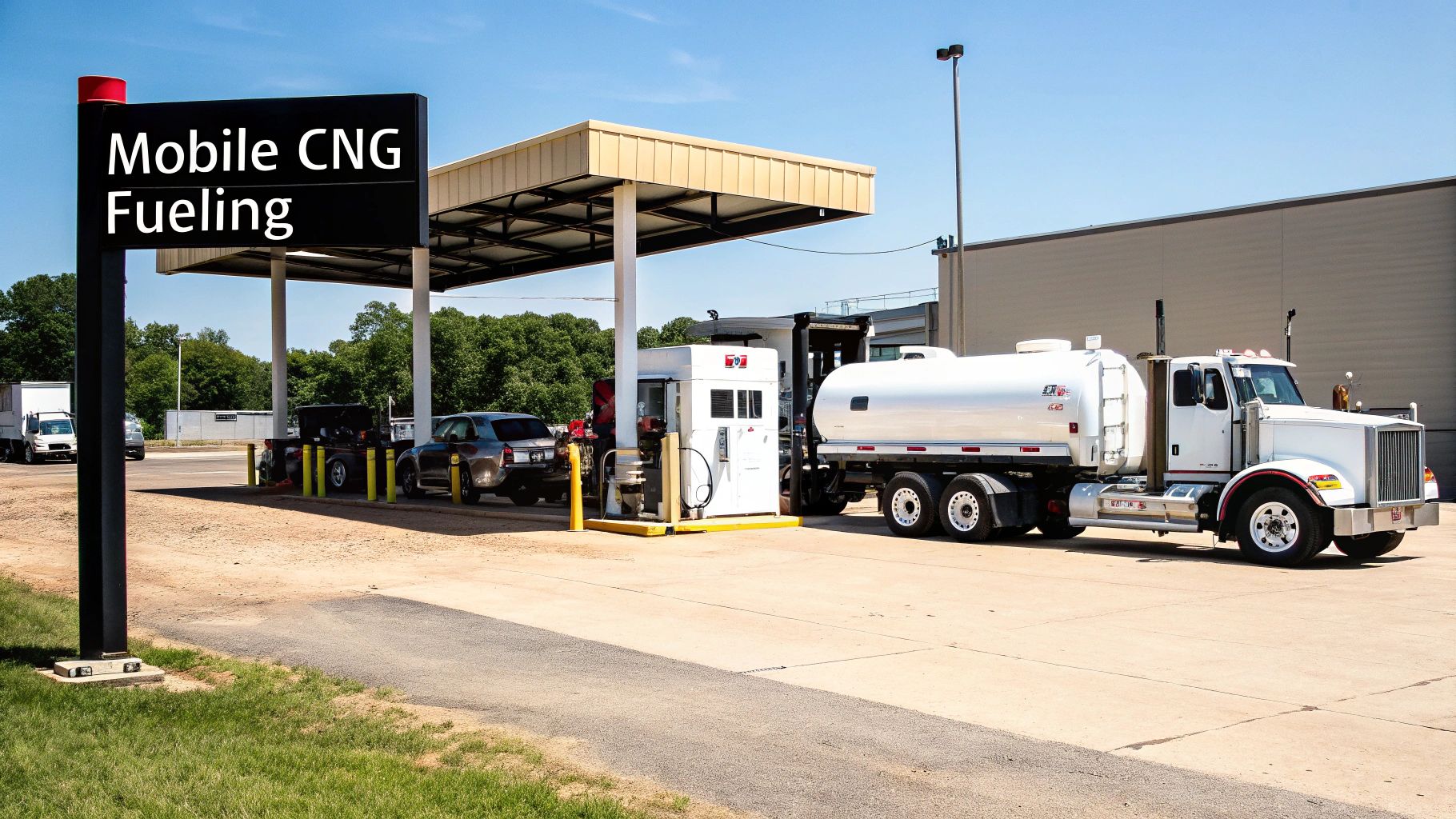 A mobile CNG fueling station with a white tanker truck, pumps, and a prominent sign.