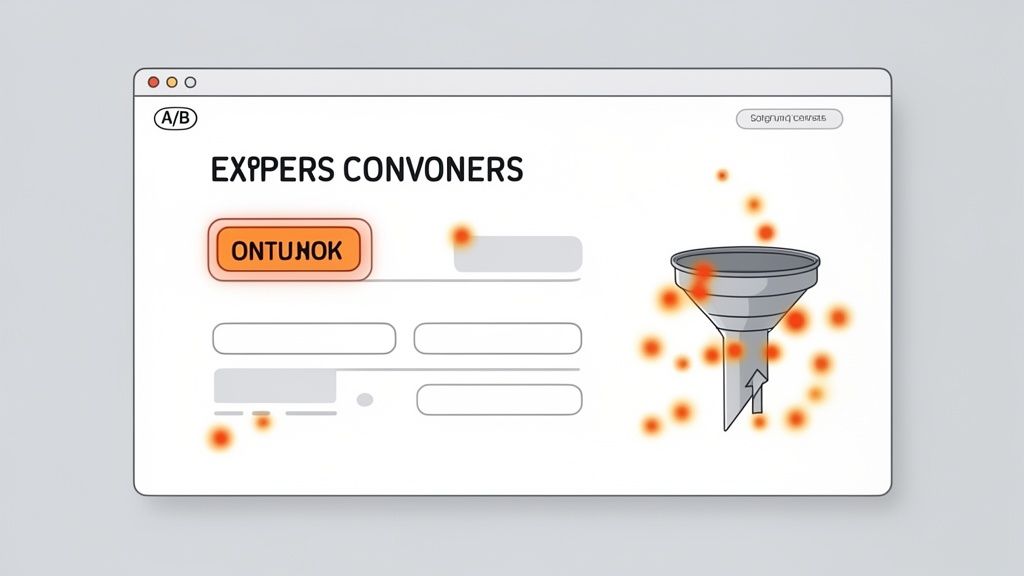 A web interface illustrating A/B testing, input fields, and a conversion funnel with data flow.