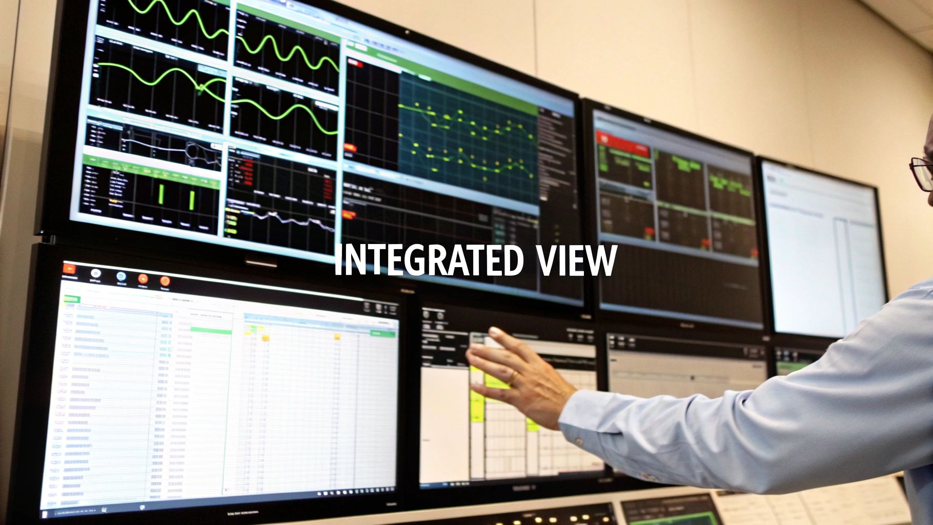 A man points at a large wall of computer monitors displaying complex data, charts, and graphs in a control room.