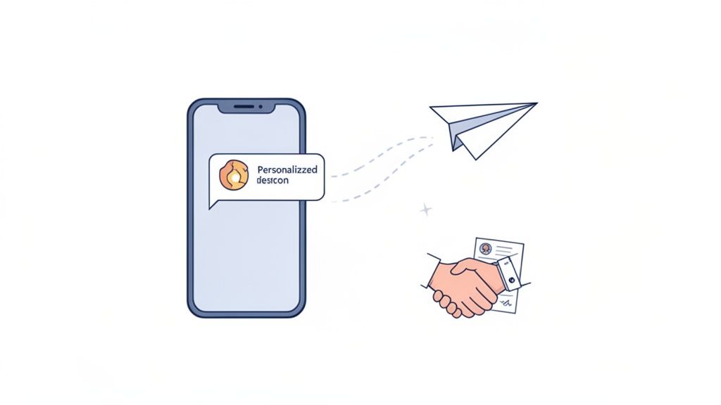 A smartphone displays a personalized notification, a paper airplane connects it to a handshake and a document, symbolizing digital communication and agreement.