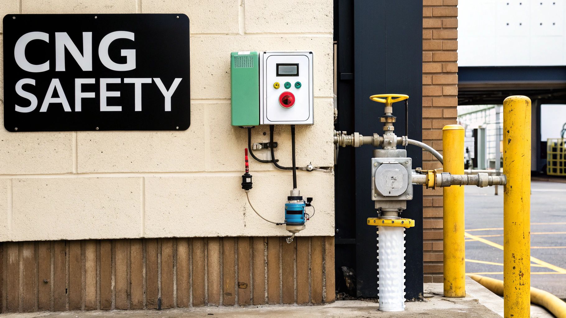 A 'CNG SAFETY' sign on a beige wall next to a control panel and industrial gas piping with yellow bollards.