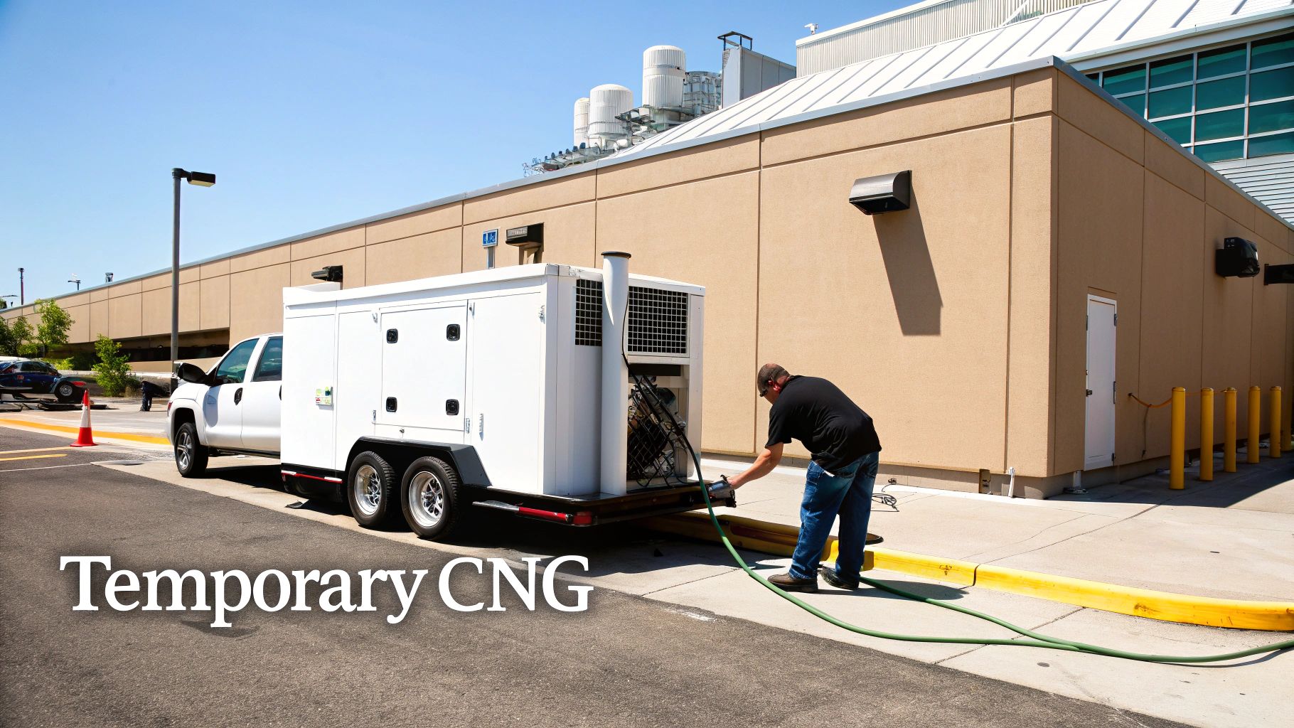 A worker connects a hose to a temporary CNG gas service unit next to a white pickup truck.