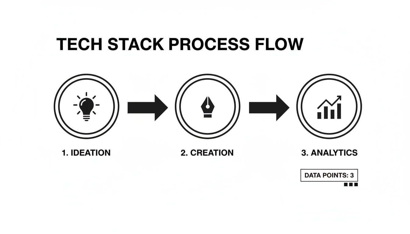 A tech stack process flow illustrating ideation, creation, and analytics steps with corresponding icons.