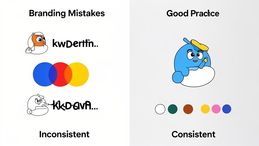 A graphic illustrating branding mistakes versus good, consistent branding practices.