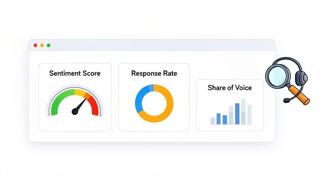 Digital dashboard interface displaying sentiment score, response rate, and share of voice metrics, with a customer service icon.
