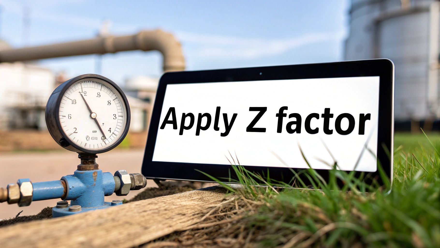 A pressure gauge and a tablet displaying 'Apply Z factor' in an industrial setting.