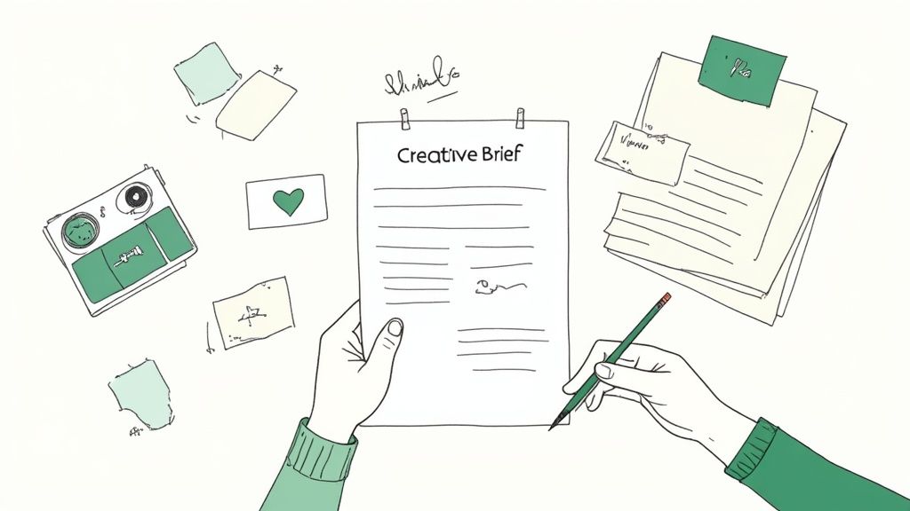 Top-down view of hands holding a 'Creative Brief' document, with a pencil and scattered notes.