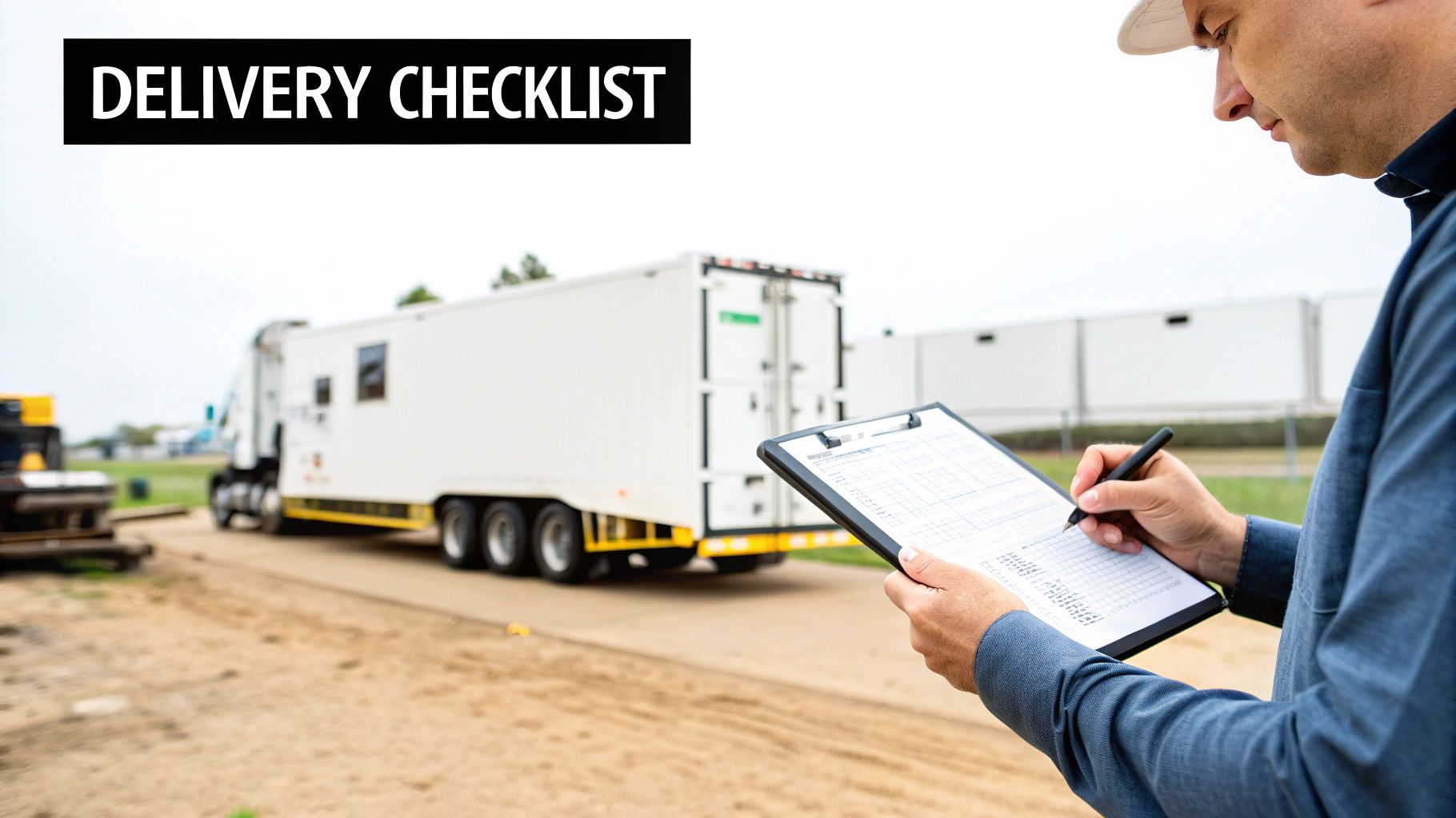 A delivery worker checks items on a clipboard next to a large white delivery truck.