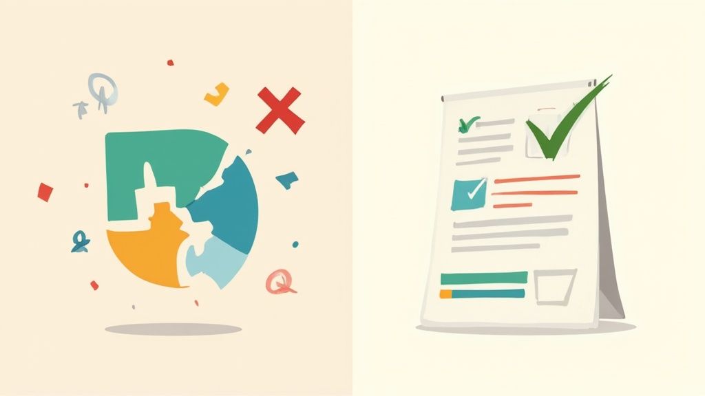 A person using a magnifying glass to inspect design elements on a computer screen, signifying attention to detail to avoid mistakes.