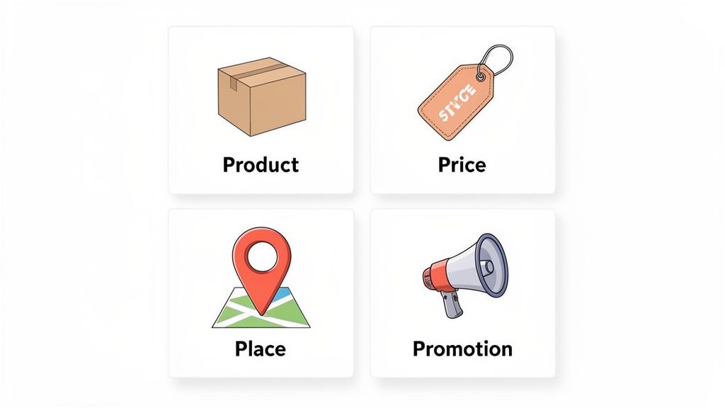 Four cards illustrating the 4 Ps of marketing: product, price, place, and promotion elements.