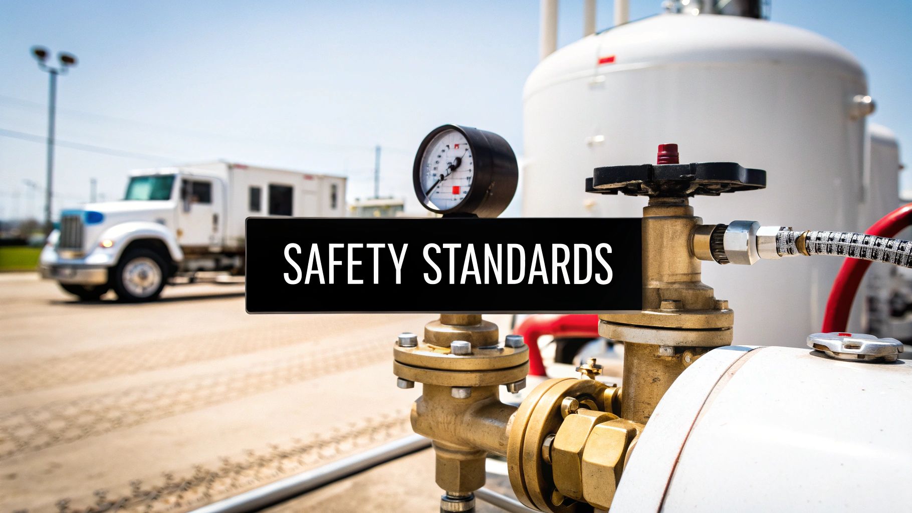 Industrial propane safety equipment with pressure gauge, valves and white tank meeting safety standards