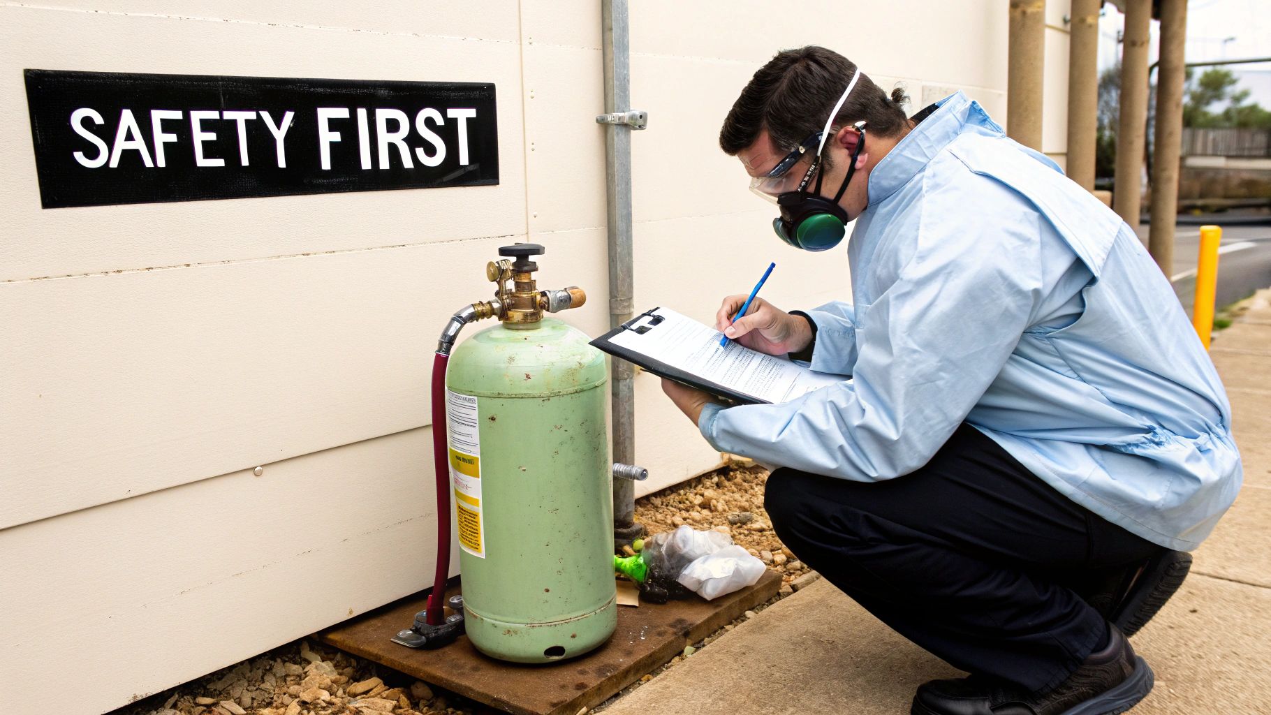 A close-up of the valves and gauges on a portable CNG tank, highlighting the robust safety features.
