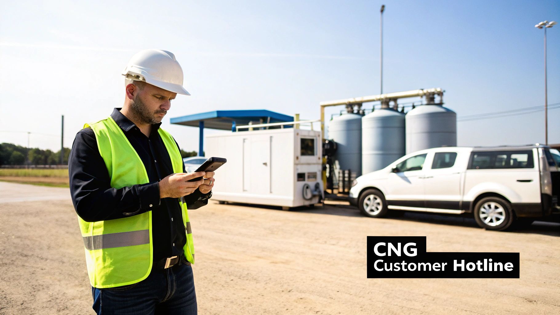 A man in a hard hat and high-vis vest uses a phone at a CNG station, near tanks and a truck.