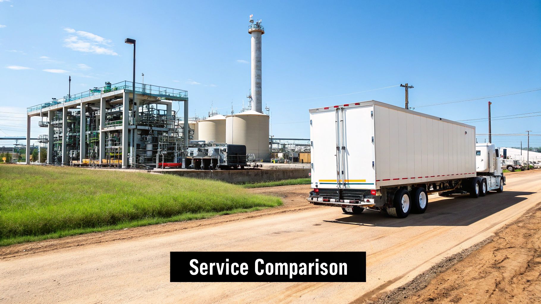 A white semi-truck drives on a dirt road past a large industrial chemical plant.
