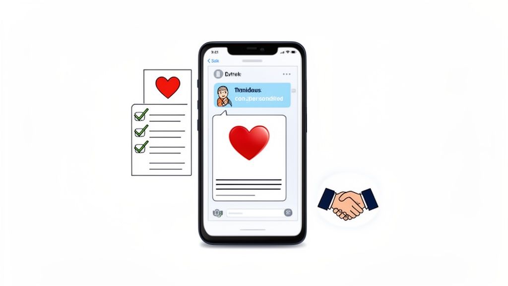 A smartphone showing a heart message, flanked by a checklist document and a handshake icon, representing digital agreement.