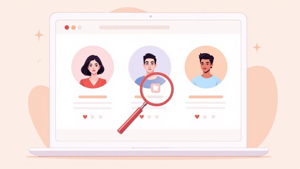 A laptop screen displays three online user profiles with a magnifying glass highlighting one profile.