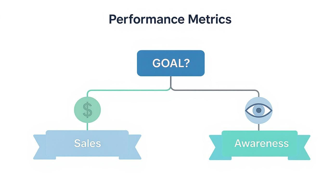 Performance metrics flowchart showing goal-based decision tree between sales and awareness strategies for affiliate marketing vs influencer marketing.