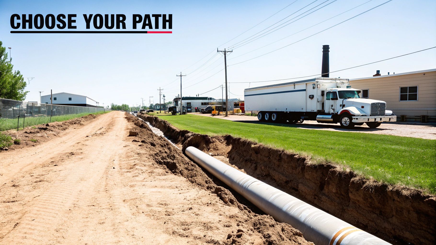 A construction site featuring a newly installed pipeline in a trench, a dirt road, and a semi-truck.