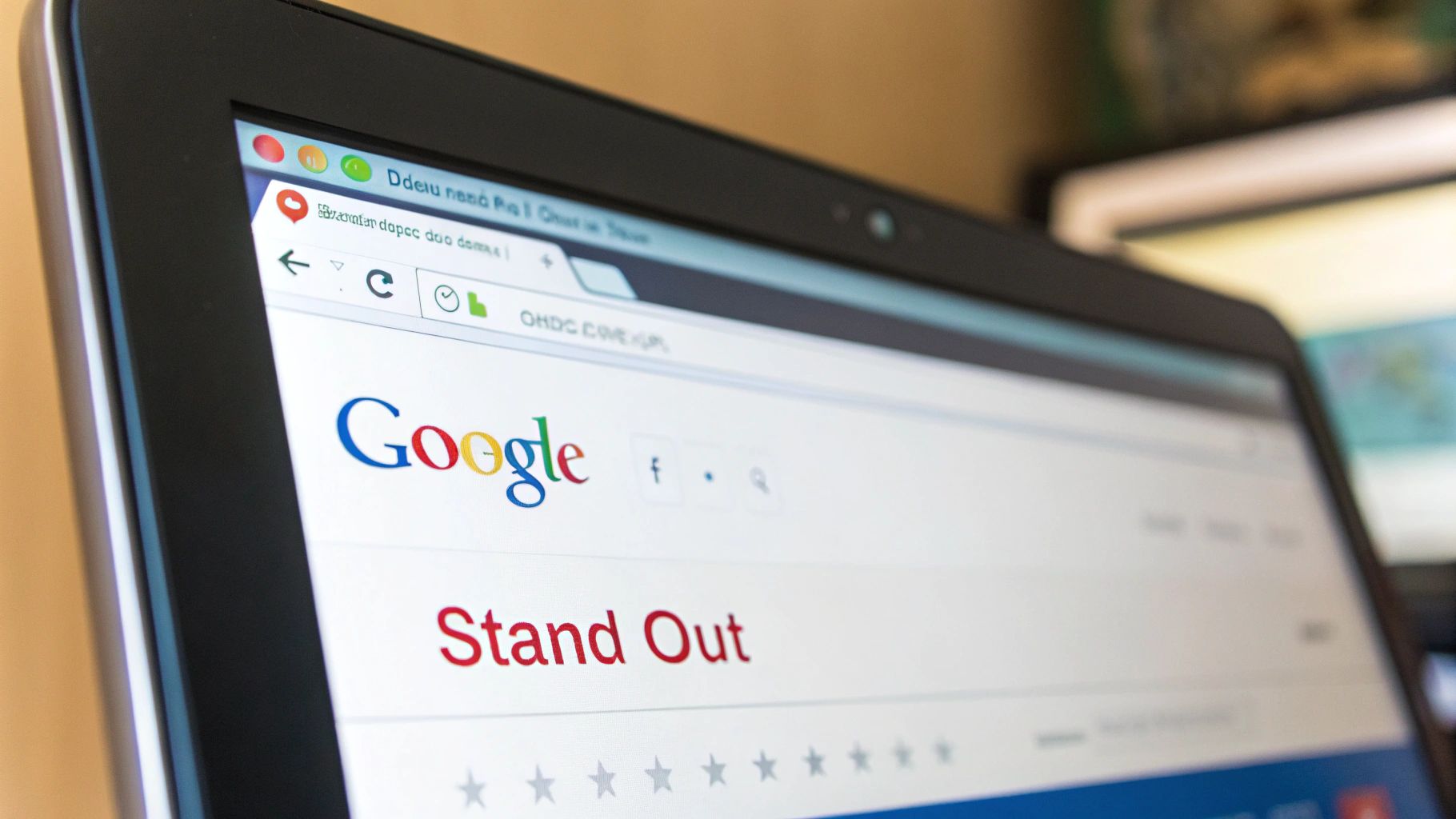 A digital illustration showing a search engine results page with one result highlighted and visually enhanced with star ratings and extra links.