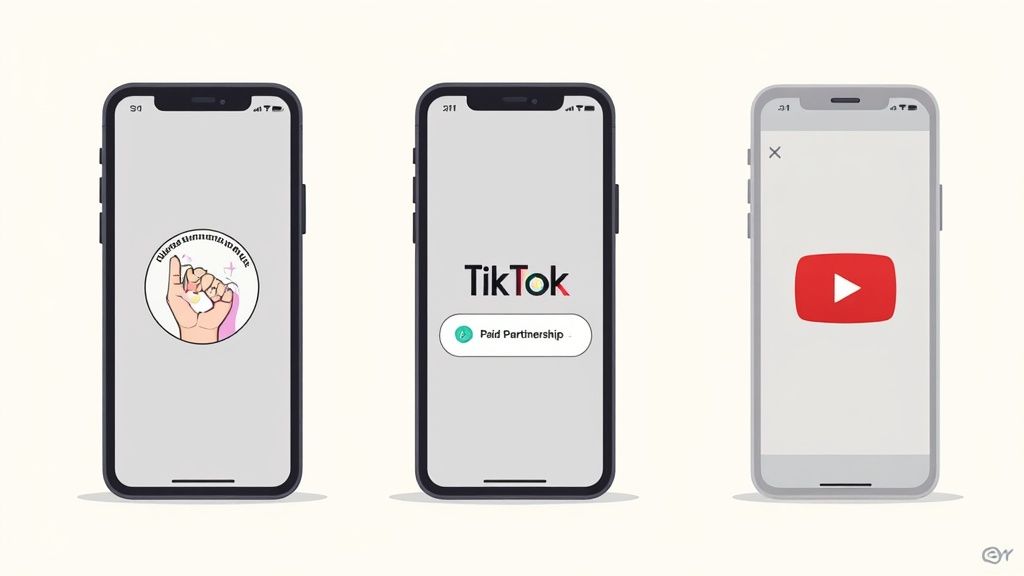 Three smartphones display content, including TikTok with a 'Paid Partnership' label and YouTube.