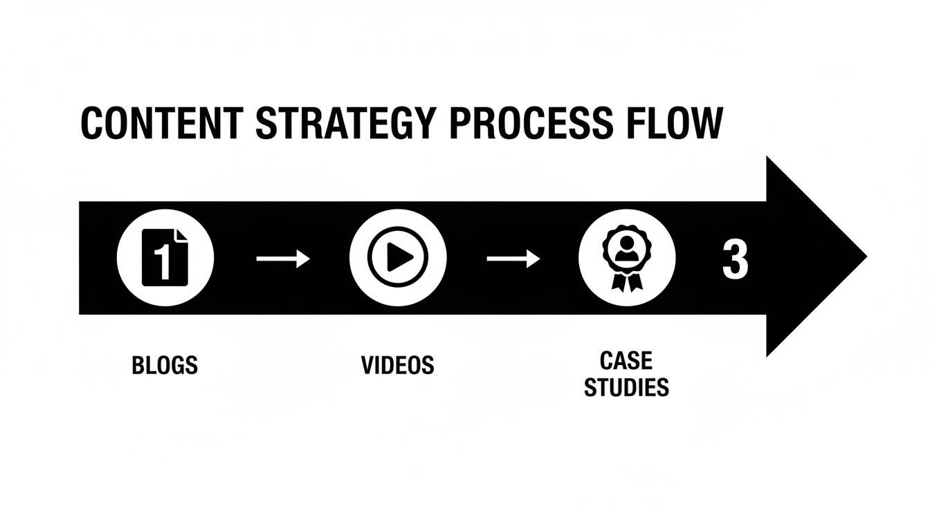 A black and white diagram illustrating a content strategy process flow with three steps.