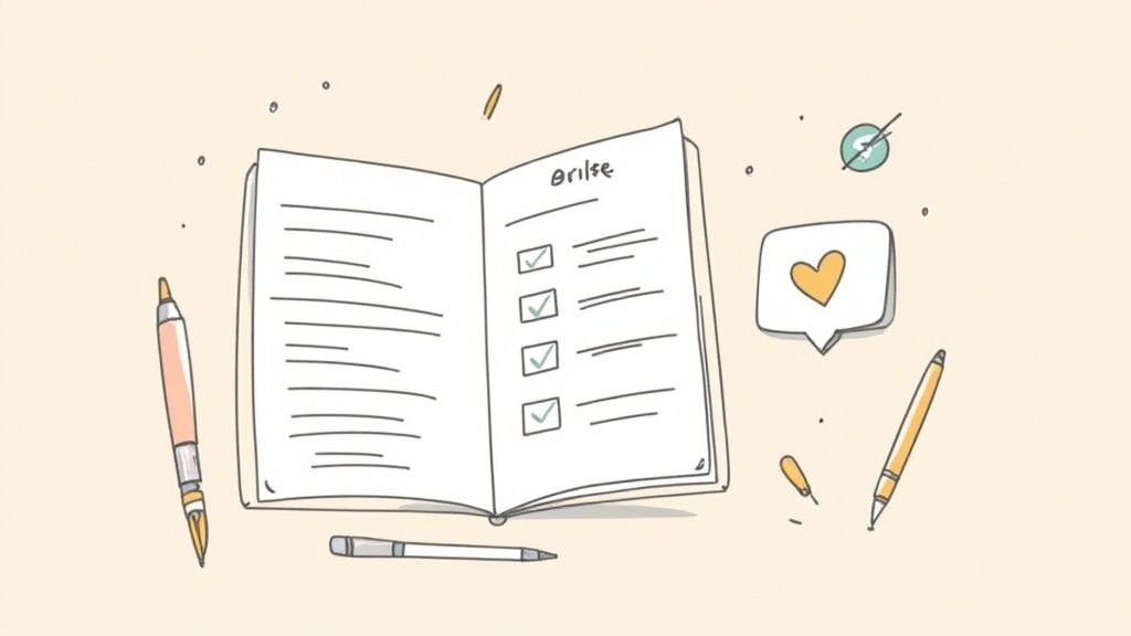 An open notebook shows a checklist, pens, and a heart, illustrating productivity or planning.