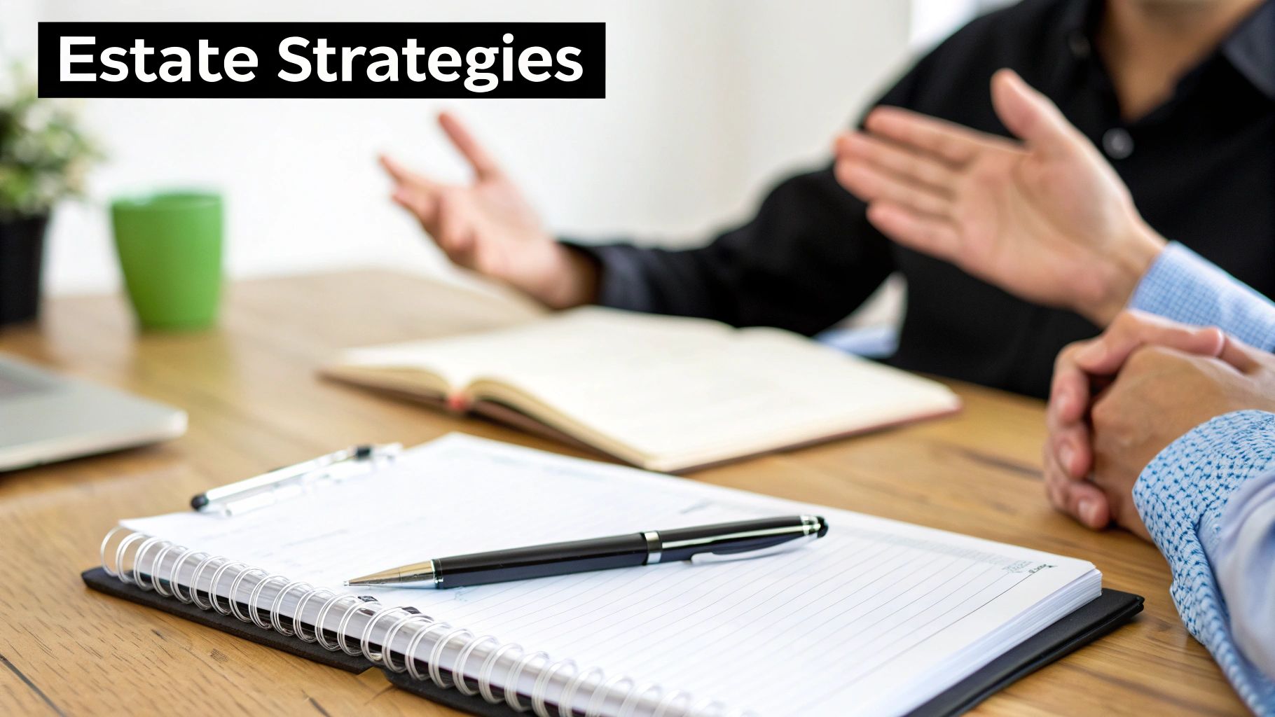 Two professionals discuss estate strategies, with open notebooks and pens on a wooden table.