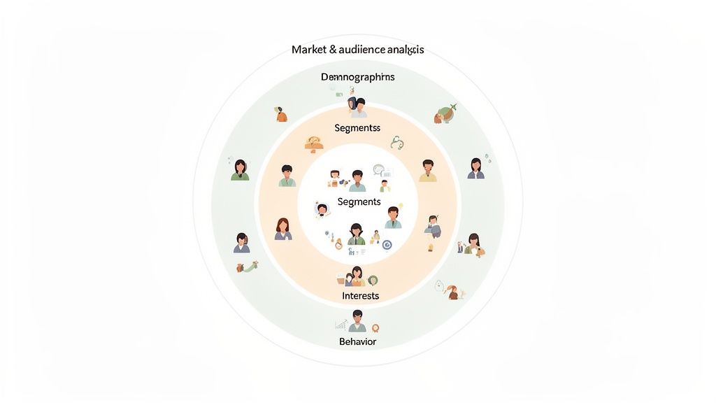 A circular diagram illustrates market and audience analysis, showing demographics, segments, interests, and behavior layers.