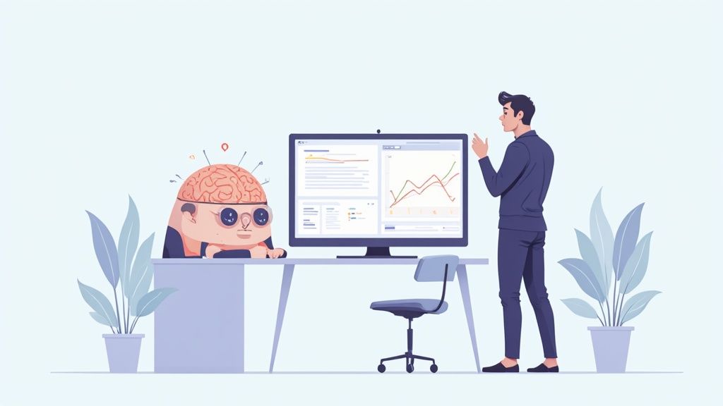 A futuristic dashboard showing marketing AI analytics and network connections