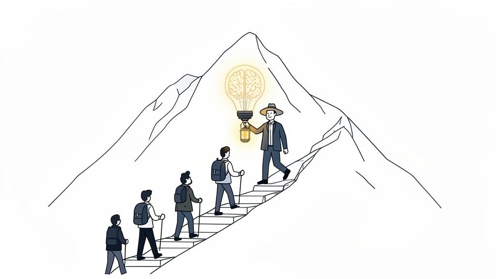 A leader guides a team of hikers up a mountain with a glowing brain-idea lantern, symbolizing thought leadership.
