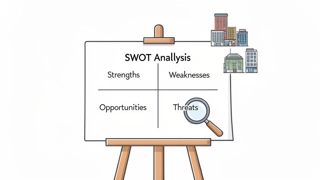 A whiteboard on an easel showing a SWOT analysis chart with strengths, weaknesses, opportunities, and threats, with a magnifying glass.