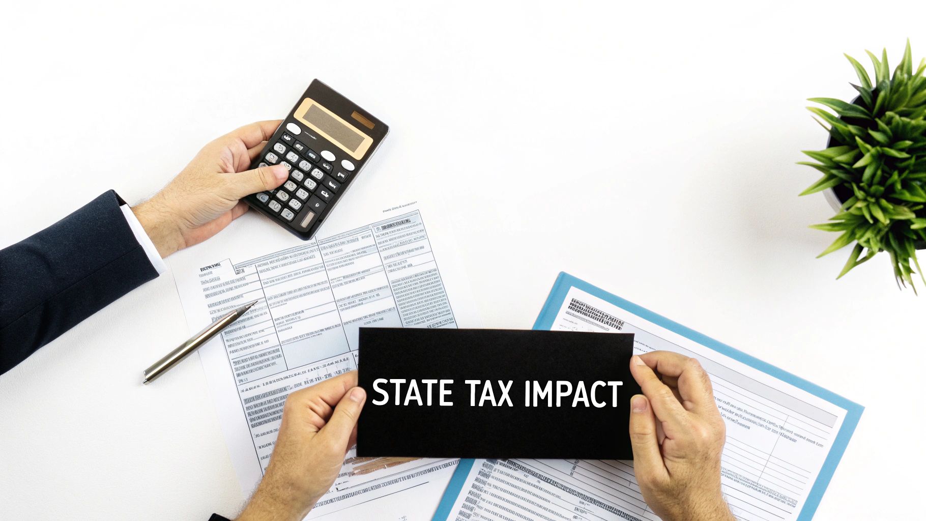 Hands calculating state tax impact with a calculator and financial documents on a white desk.