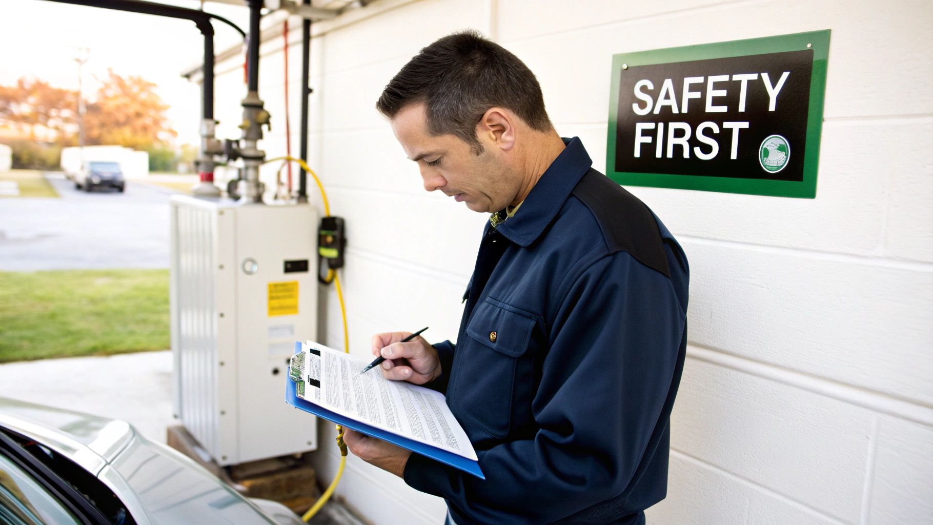 Technician in a navy uniform filling out a safety checklist near a natural gas compressor.